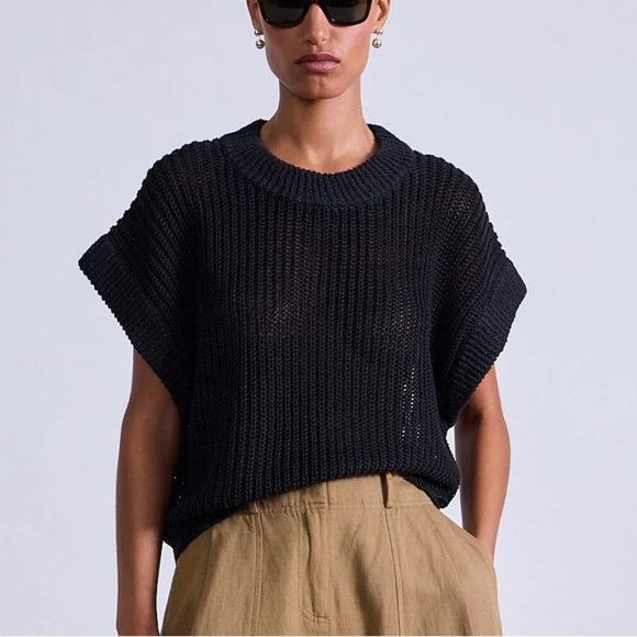 VINCE. linen sweater vest tunic ribbed open knit top short sleeve crew neck - Picture 6 of 7